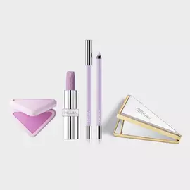 Prada Wisteria Bundle packshot With Balm in shade U003 wisteria Gleams, Touch Blush in shade P36 wisteria, Lines Eye pencil in shade 06 Glycine and gWP double mirror 