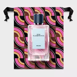 Prada Olfactories Pink Flamboyance Eau de Parfum Packshot with Pouch on a neutral gray background