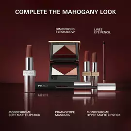 Prada Lines Eye Pencil in shade 03 Mahogany with Mahogany collection (Lipstick, Eyeshadow, Mascara) on a Burgundy background 