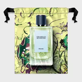 Prada Olfactories Trembled Blossoms Eau de Parfum Packshot with Pouch on a neutral gray background 