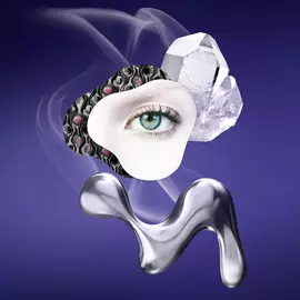 Prada Olfactories Troubled Midnight Eau de Parfum Visual Collage on a Indigo background 