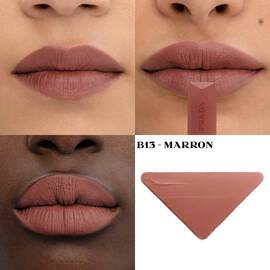 Prada Monochrome Hyper Matte Lipstick in shade B13 swatched on four different skin tones.