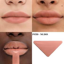 Prada Monochrome Soft Matte Lipstick in shade P159 swatched on four different skin tones.