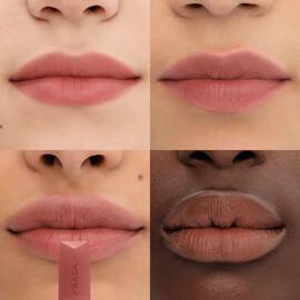Prada Monochrome Soft Matte Lipstick in shade B101 swatched on four different skin tones.