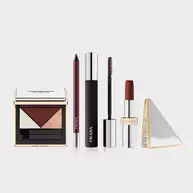 Prada Mahogany Bundle packshot With Dimensions Eye Palette in shade B03 mahogany, Lines Eye pencil in shade 03 Mahogany, pradascope in shade b03 mahogany, monochrome hyper matte in shade b03 mahogany and complimentary double mirror 