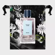 Prada Olfactories Nylon Noir Eau de Parfum Packshot with Pouch on a neutral gray background