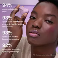 Prada touch blush in shade P36 Wisteria Claims with deep skin Model on a purple background