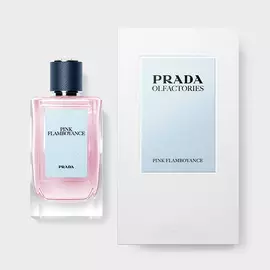 Prada Olfactories Pink Flamboyance Eau de Parfum Pack with outerbox on a neutral gray background 