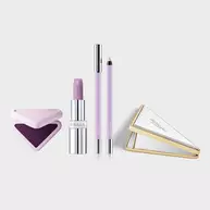 Prada Wisteria Bundle packshot With Balm in shade U003 wisteria Gleams, Touch Blush in shade P37 Violet, Lines Eye pencil in shade 06 Glycine and GWP double mirror