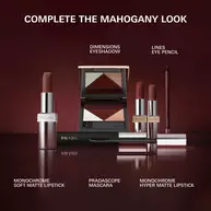 Prada Lines Eye Pencil in shade 03 Mahogany with Mahogany collection (Lipstick, Eyeshadow, Mascara) on a Burgundy background 