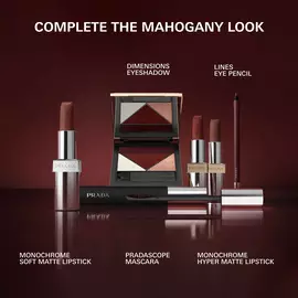 Prada Lines Eye Pencil in shade 03 Mahogany with Mahogany collection (Lipstick, Eyeshadow, Mascara) on a Burgundy background 