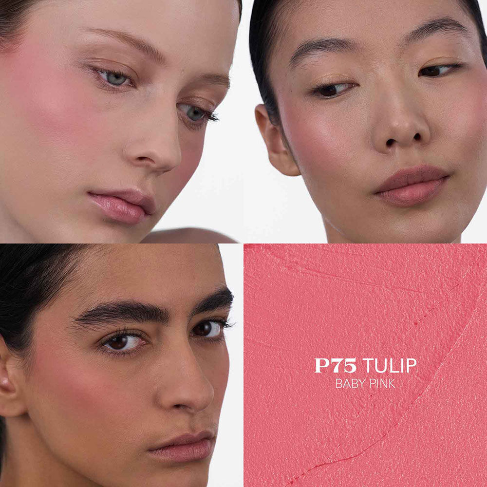 Prada Touch Blush P75 Tulip applied on three different skin tones.