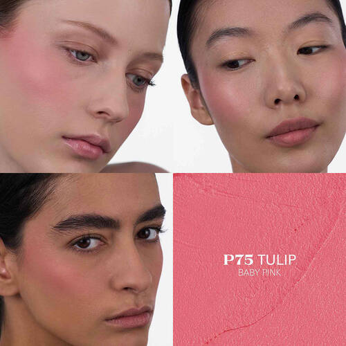Prada Touch Blush P75 Tulip applied on three different skin tones.
