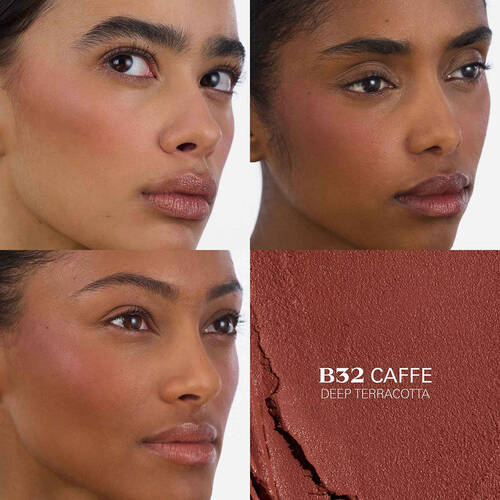 Prada Touch Blush B32 Caffe applied on three different skin tones.