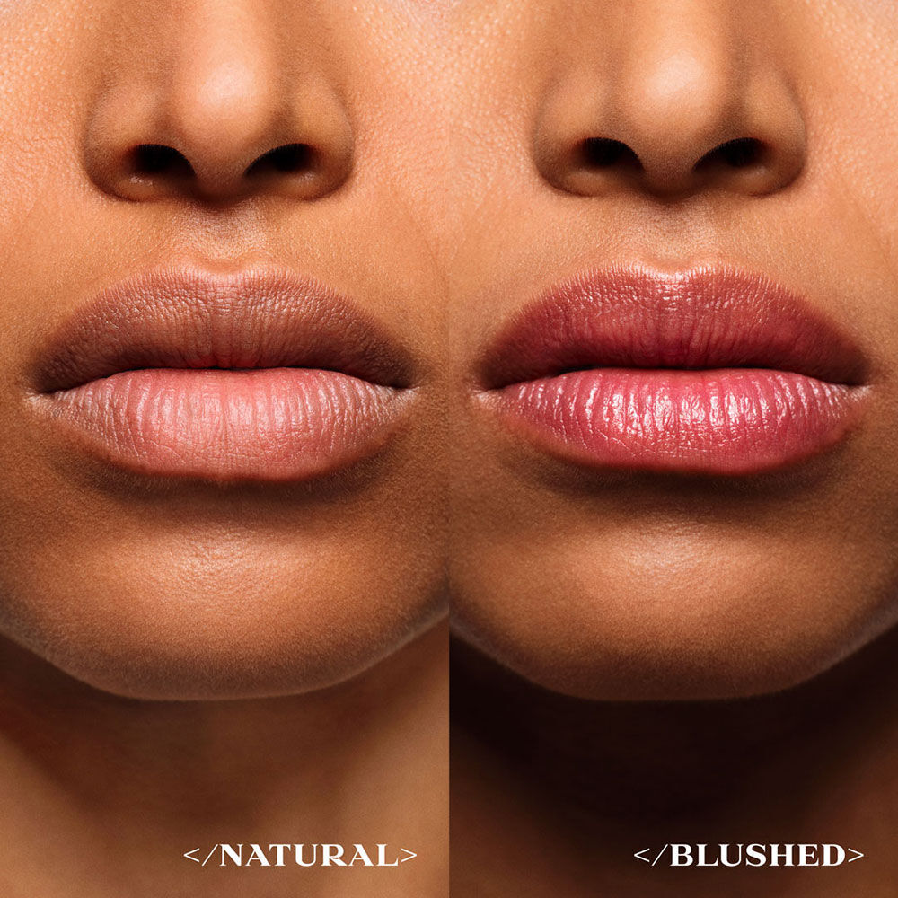 Before and after of Prada Balm U001 on medium deep skintone