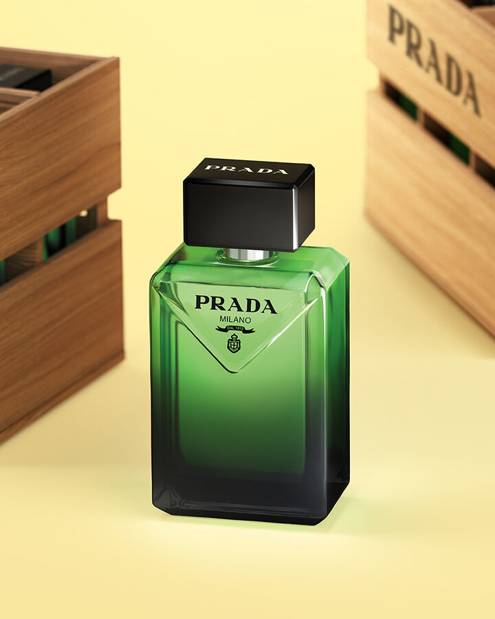 Prada Paradigme Eau de Parfum in Spring Market with yellow background