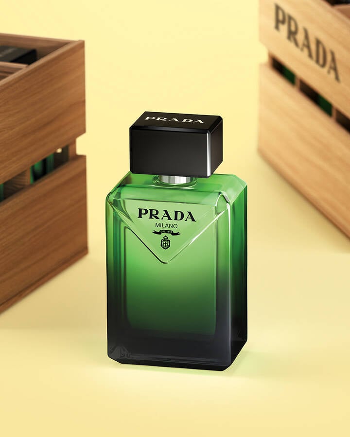 Prada Paradigme Eau de Parfum in Spring Market with yellow background