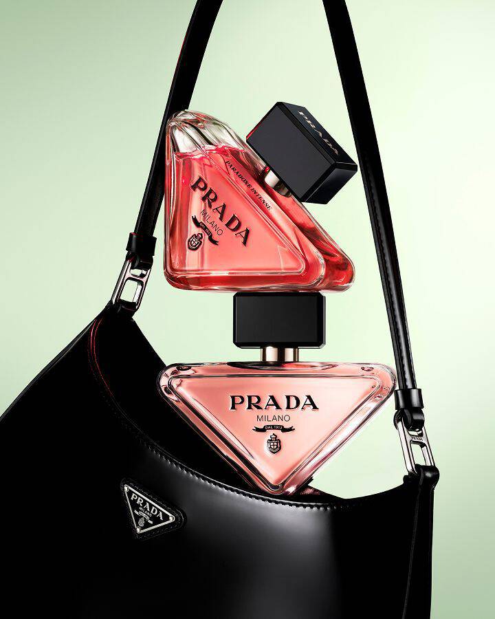 Prada Paradoxe and Paradoxe Intense Eau de Parfum with a black Prada bag
