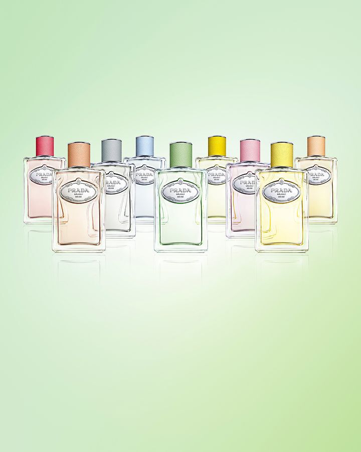 Prada Les Infusions Full Collection floating on a light green background 