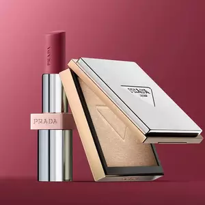 Prada Light Glowing Lipcolor and Powder duo on a pink background