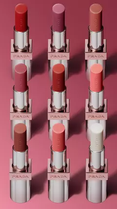 Prada Light Glowing Lipcolor Range Nine shades on a pink background