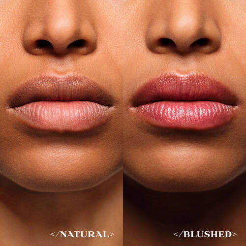 Before and after of Prada Balm U001 on medium deep skintone