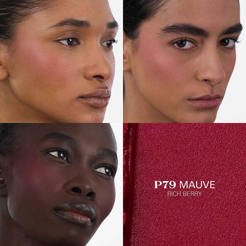Prada Touch Blush P79 Mauve applied on three different skin tones.