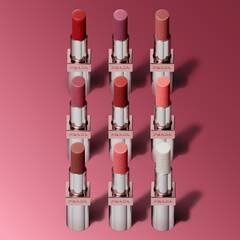 Prada Light Glowing Lipcolor Range Nine shades on a pink background