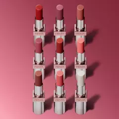 Prada Light Glowing Lipcolor Range Nine shades on a pink background