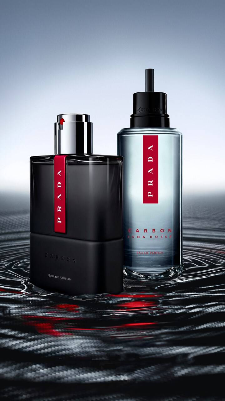 Prada Luna Rossa Carbon Pack with Refill on a Watery Gray Background