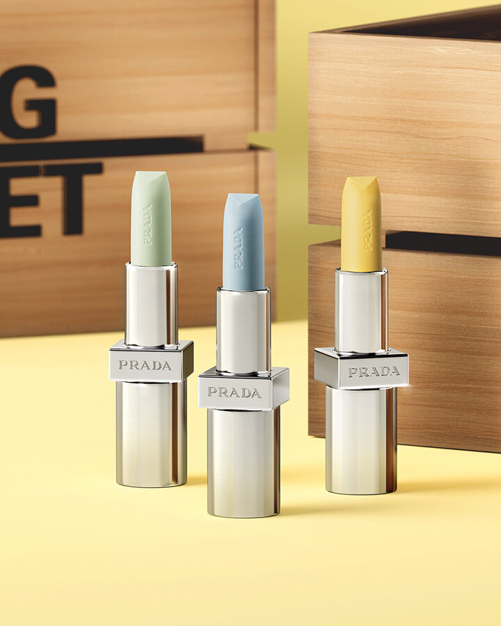 Prada Balm 3 shades in Spring Market with yellow background 
