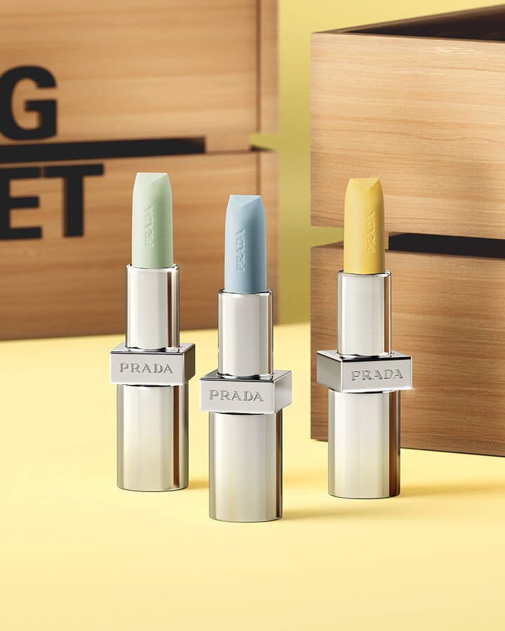 Prada Balm 3 shades in Spring Market with yellow background