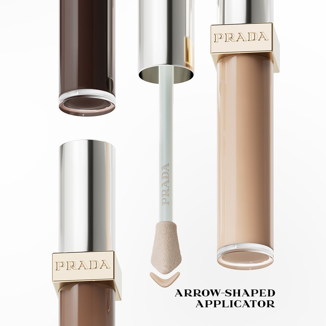 Three Prada Conceal packs in different shades, and the concealer’s arrow-shaped applicator.