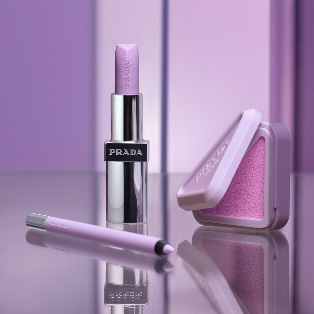 Prada Wisteria Collection Limited Edition Purple Balm, Blush and Eyeliner on a purple background