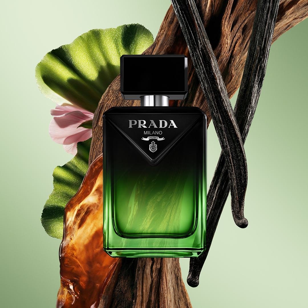 Prada Paradigme Le Parfum Pack Close Up on a Light Green Background 